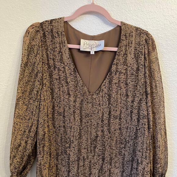 Rory Beca Silk Snakeskin Print Mini Shift Dress Small Cuff Blouson Sleeves Brown - Picture 3 of 12